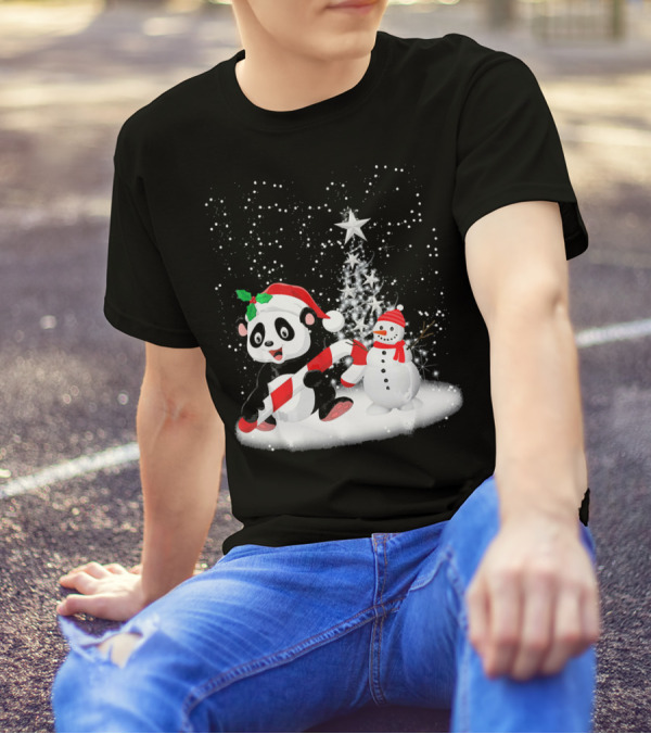 Ugly Christmas Panda With Candy Cane And Snowman In Winter Wonderland T-Shirt