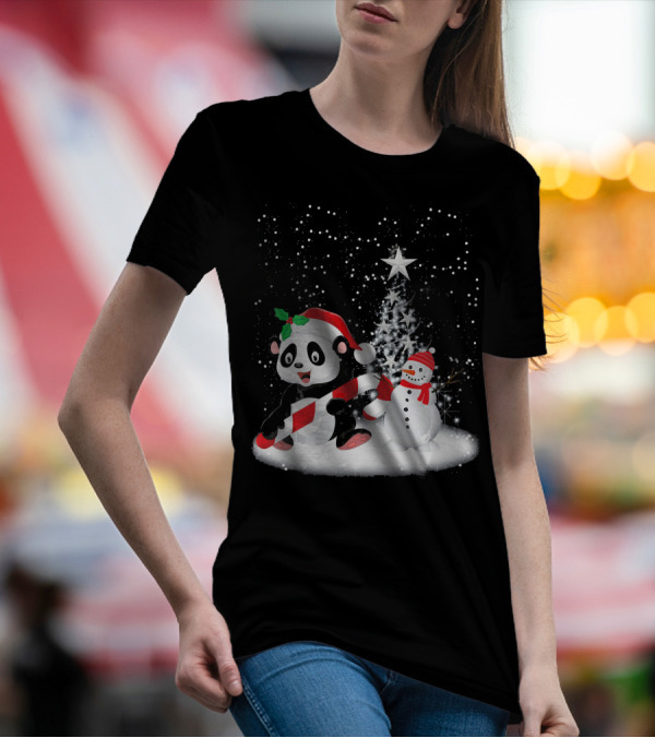 Ugly Christmas Panda With Candy Cane And Snowman In Winter Wonderland T-Shirt