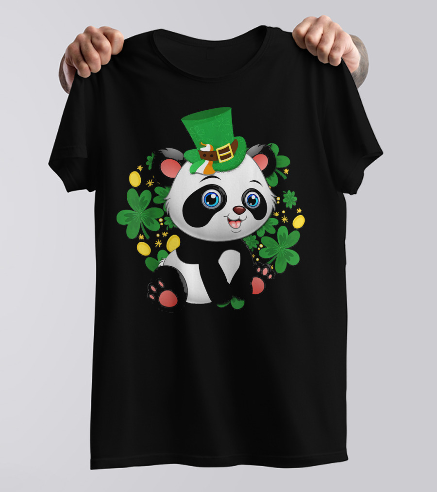 St Patricks Day Panda Cute Bear With Shamrocks And Leprechaun Hat T-Shirt