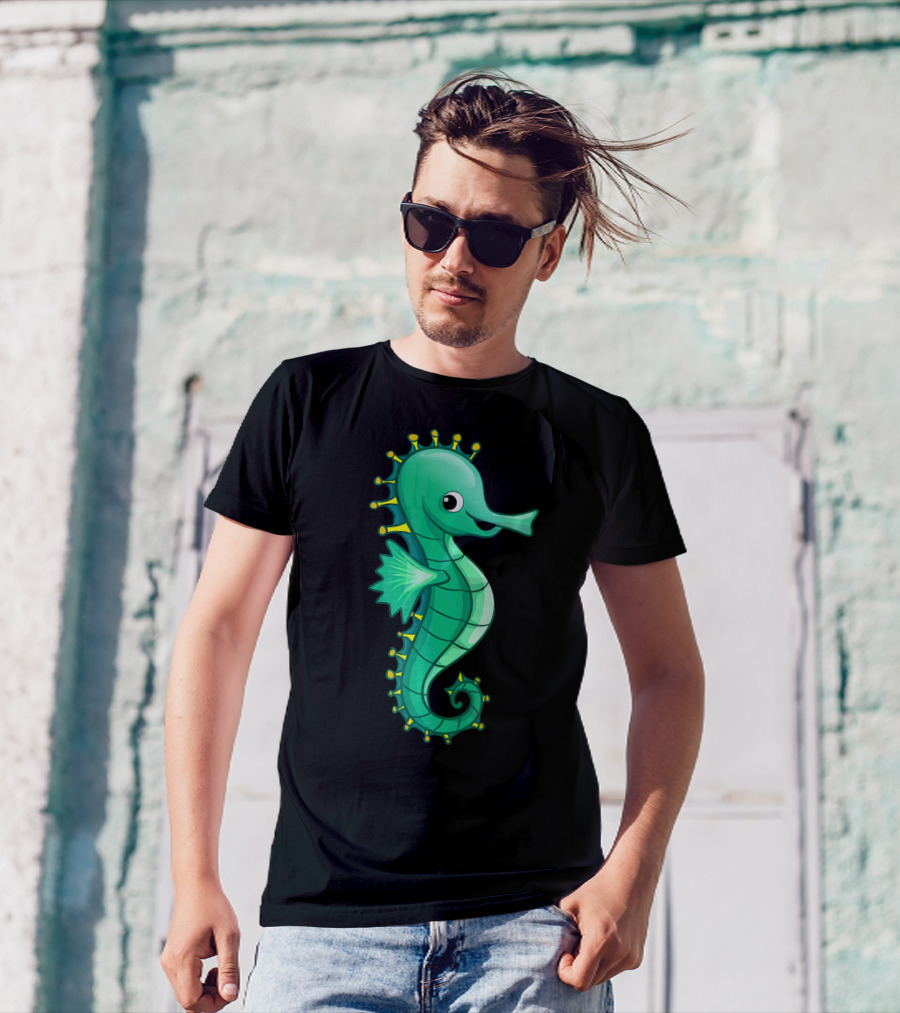 Seahorse Sea Horse Happy Cartoon Green T-Shirt