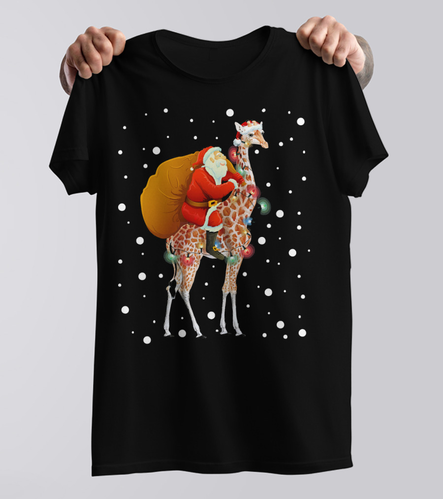 Santa Riding Giraffe Christmas Lights Holiday Snowflakes T-Shirt
