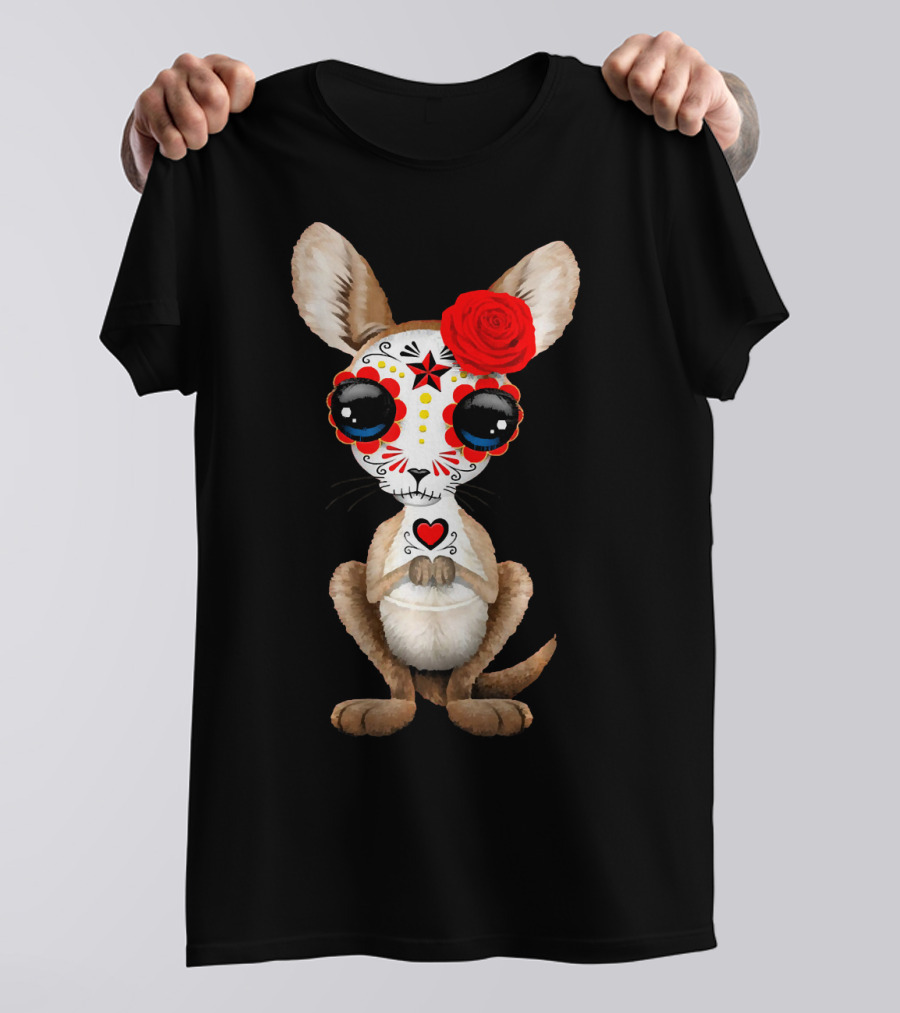 Sugar Skull Kangaroo Day Of The Dead Red Rose T-Shirt