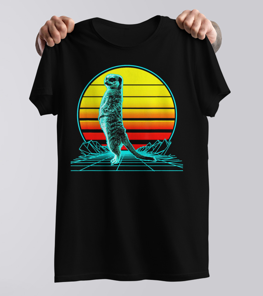 Retro Meerkat Vaporwave Neon Sun And Grid Landscape T-Shirt