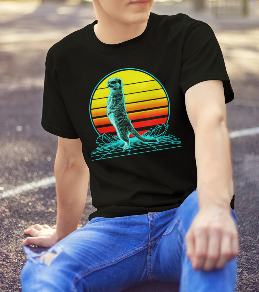 Retro Meerkat Vaporwave Neon Sun And Grid Landscape T-Shirt