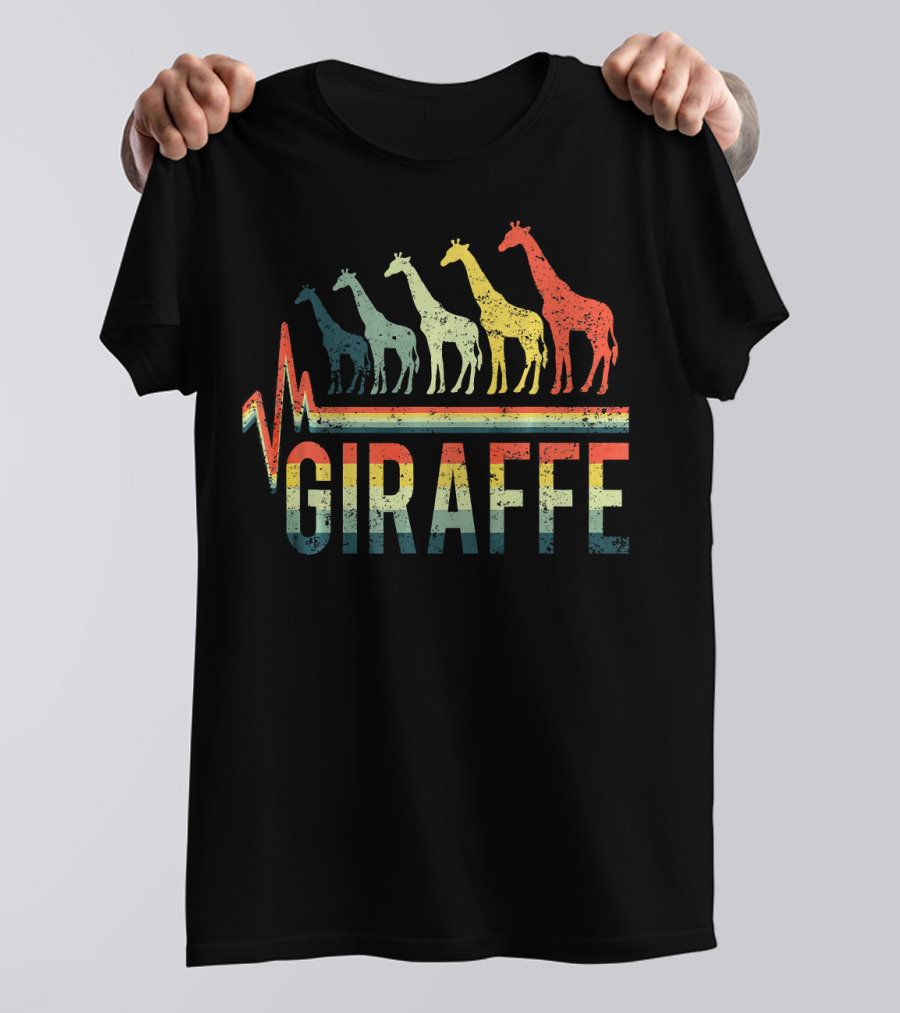 Vintage Retro Heartbeat Giraffe Rainbow T-Shirt
