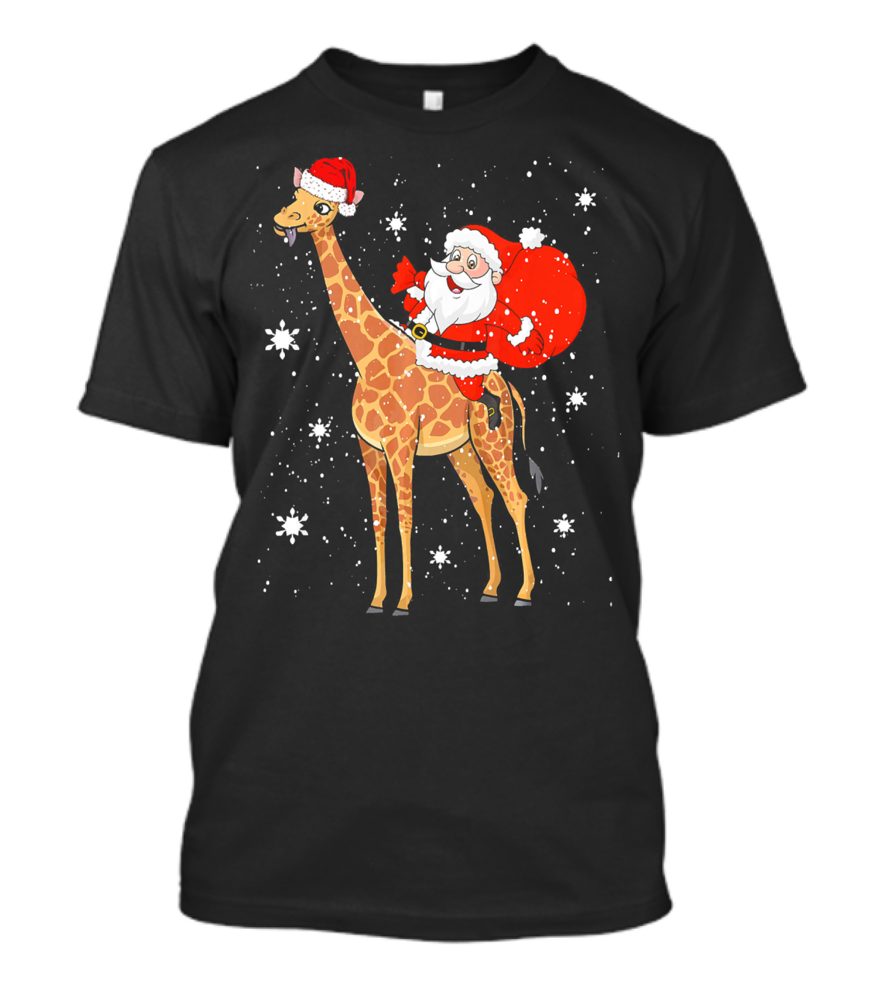 Santa Riding Giraffe Funny Christmas Pajamas Snowflakes T-Shirt