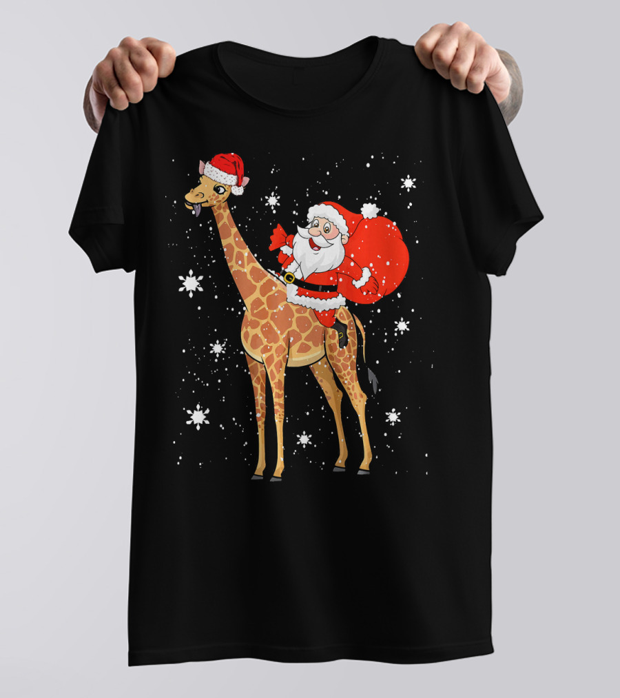 Santa Riding Giraffe Funny Christmas Pajamas Snowflakes T-Shirt