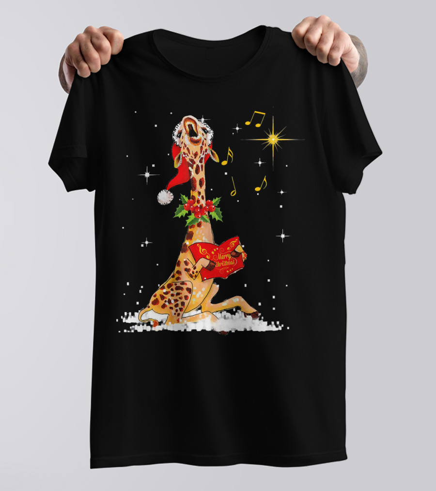 Tee89s Giraffe Merry Christmas Song With Musical Notes And Santa Hat T-Shirt