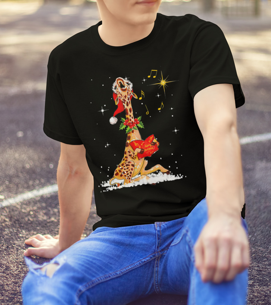 Tee89s Giraffe Merry Christmas Song With Musical Notes And Santa Hat T-Shirt