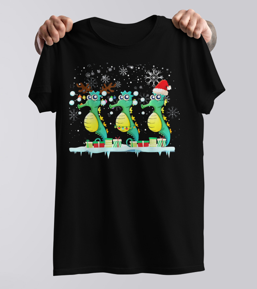 Seahorses With Christmas Lights Santa Hat Reindeer Antlers And Festive Presents T-Shirt