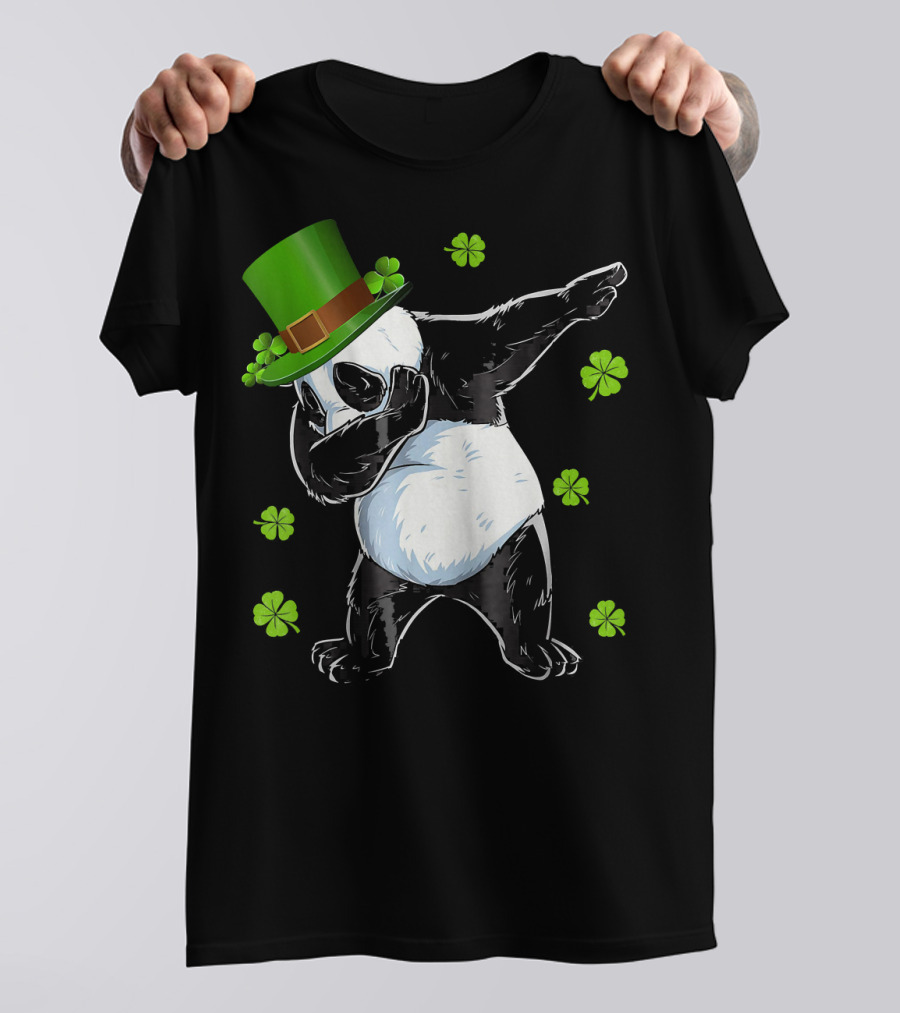 St Patricks Day Dabbing Panda Bear With Clover Hat T-Shirt