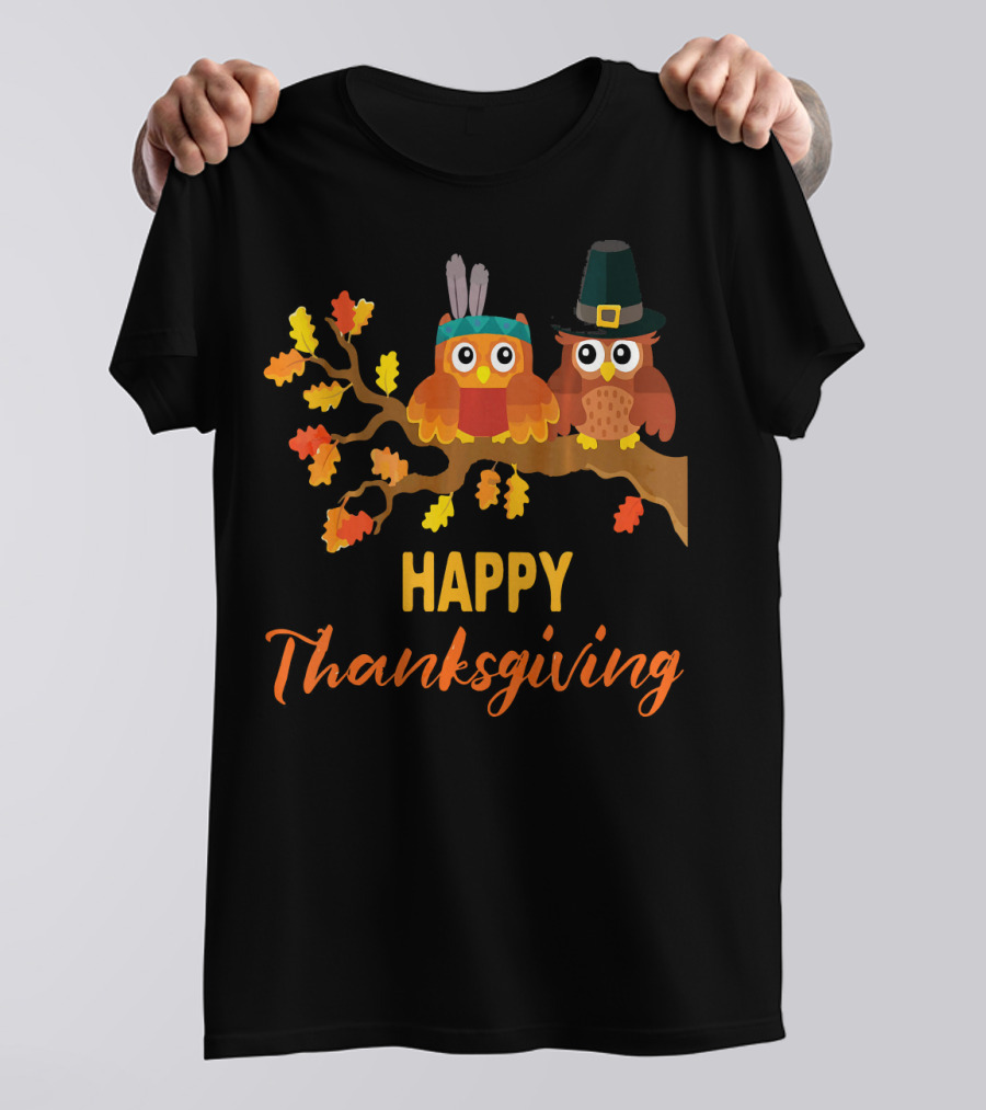 Happy Thanksgiving Owls On Autumn Branch T-Shirt