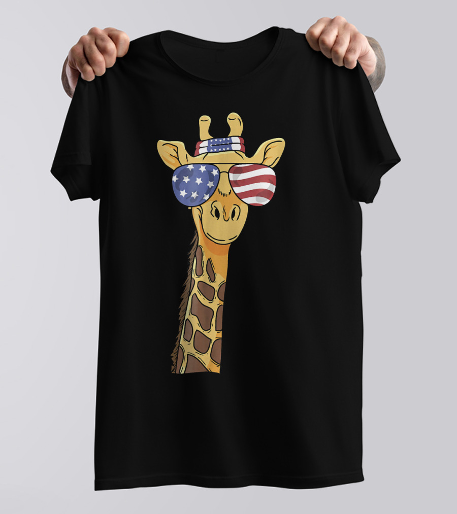 USA Patriotic Giraffe With American Flag Sunglasses And Headband July T-Shirt