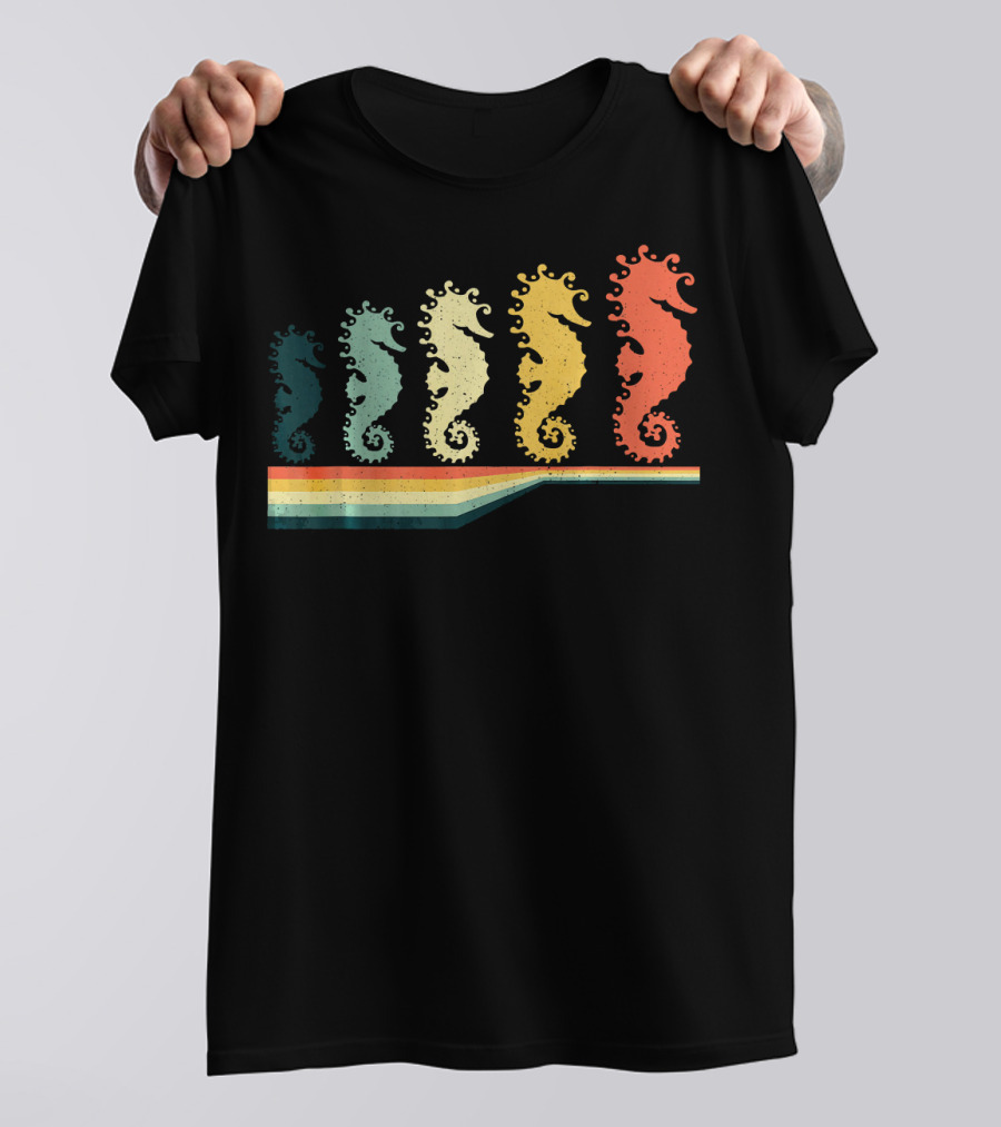 Vintage Retro Seahorse Animal Lover Zook Five Seahorses Rainbow Stripes T-Shirt