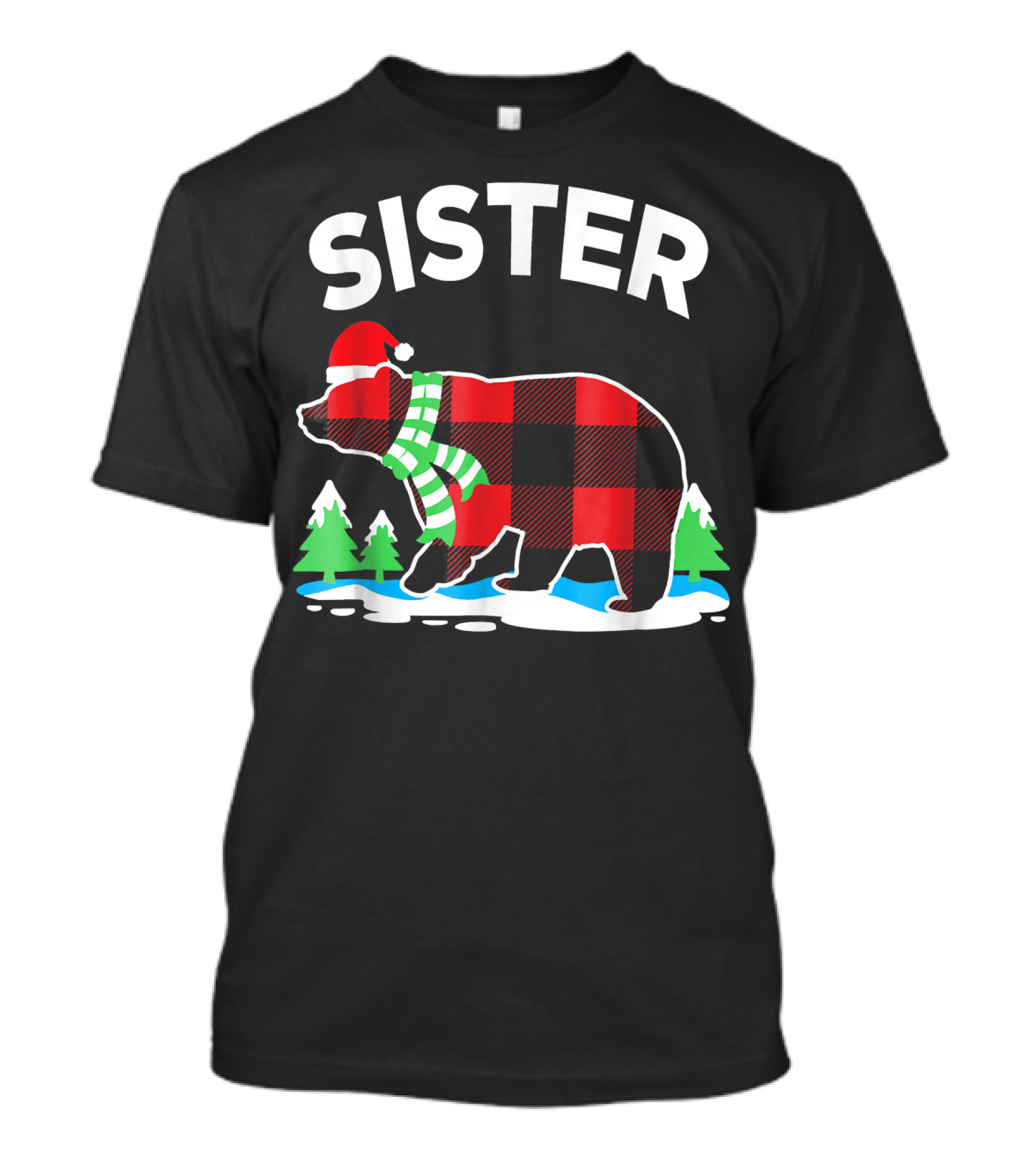 Sister Bear Red Buffalo Plaid Christmas Santa Hat Scarf T-Shirt