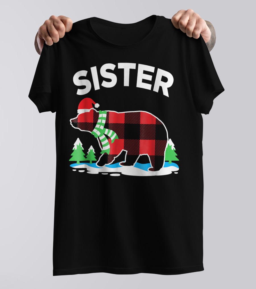 Sister Bear Red Buffalo Plaid Christmas Santa Hat Scarf T-Shirt