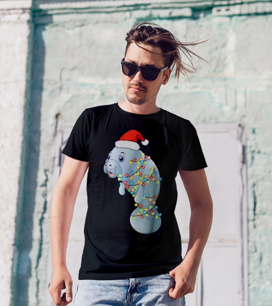 Santa Manatee Wrapped In Christmas Lights Holiday Mana T-Shirt