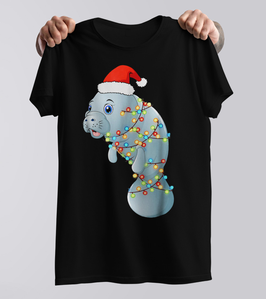 Santa Manatee Wrapped In Christmas Lights Holiday Mana T-Shirt