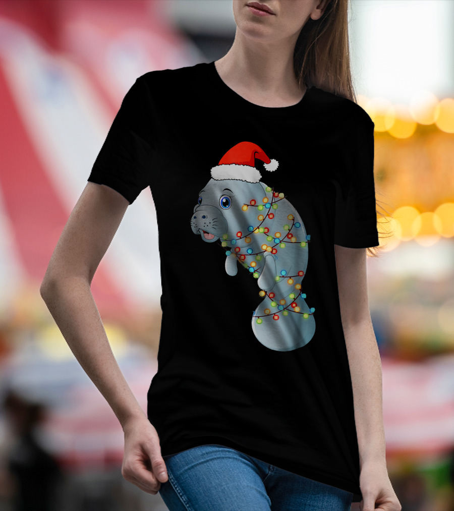 Santa Manatee Wrapped In Christmas Lights Holiday Mana T-Shirt