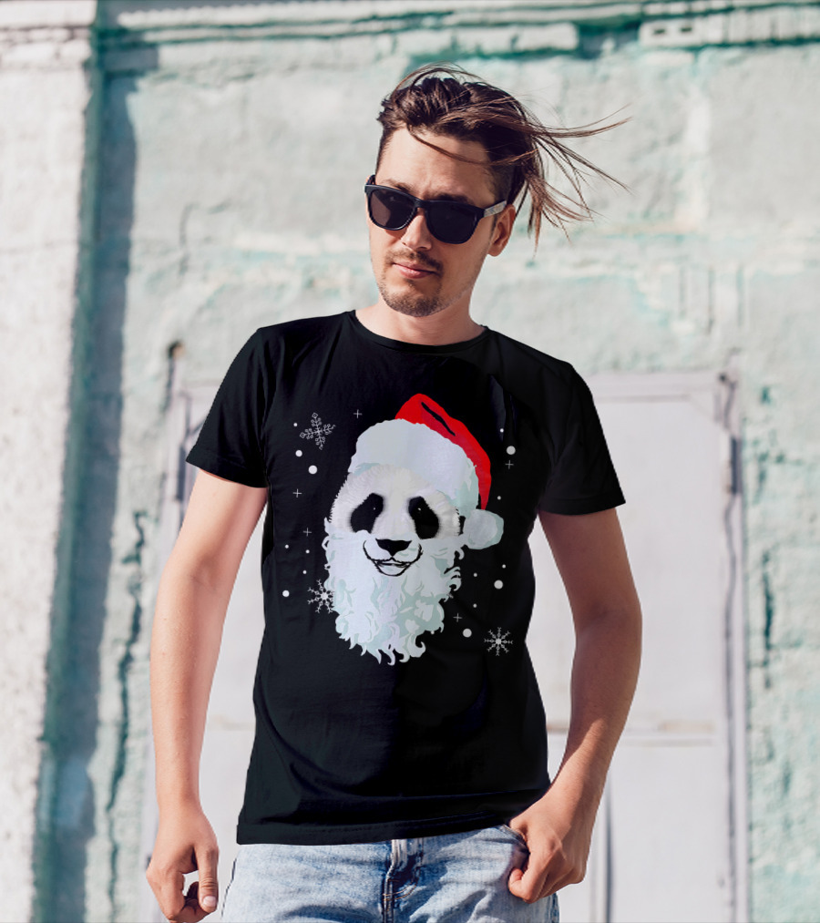 Ugly Xmas Panda With Santa Hat And Beard Snowflakes T-Shirt