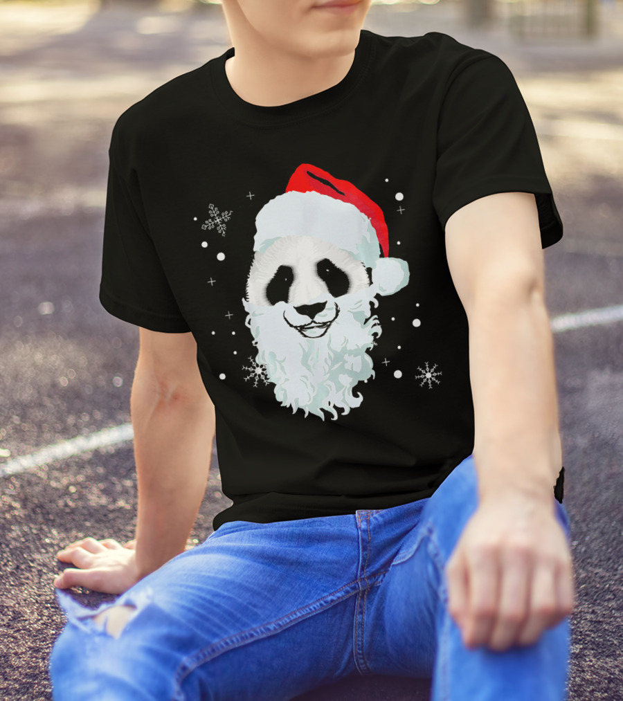 Ugly Xmas Panda With Santa Hat And Beard Snowflakes T-Shirt