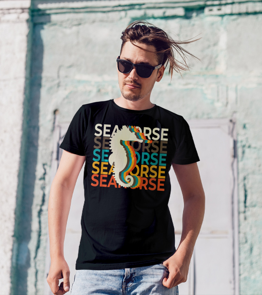 Seahorse Vintage Multicolor Text Repeat T-Shirt