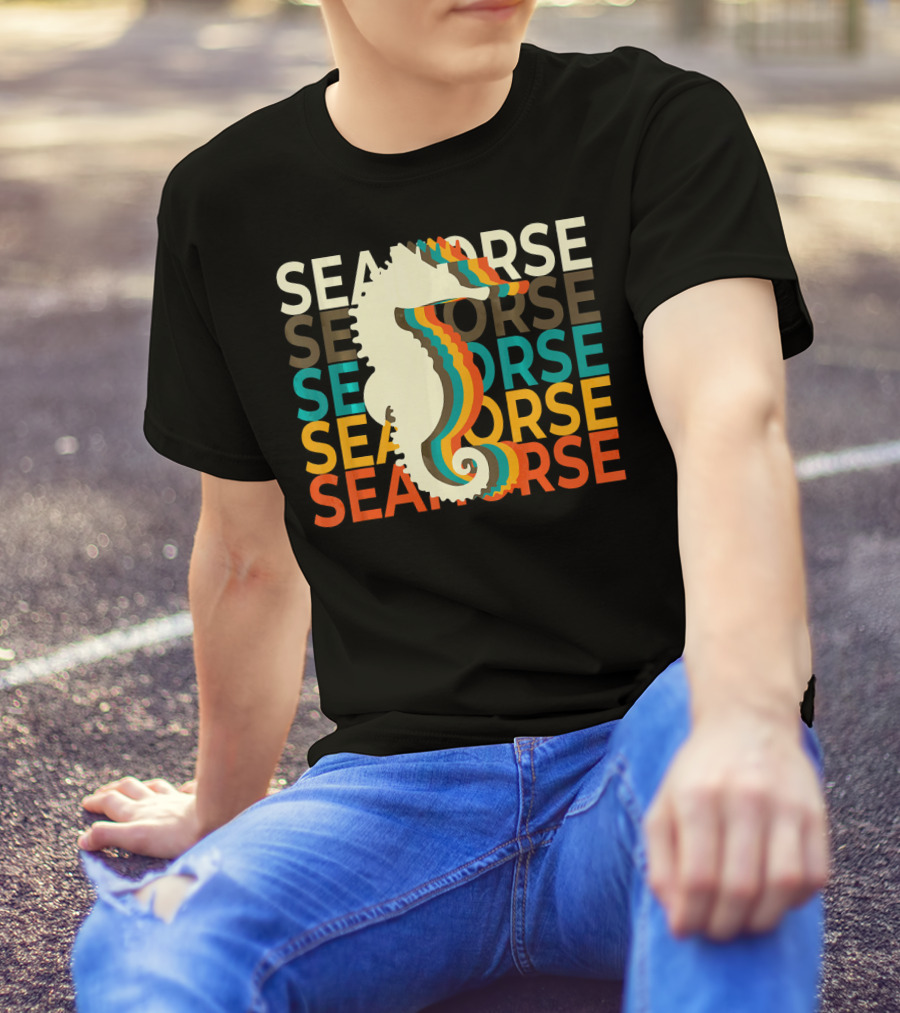 Seahorse Vintage Multicolor Text Repeat T-Shirt