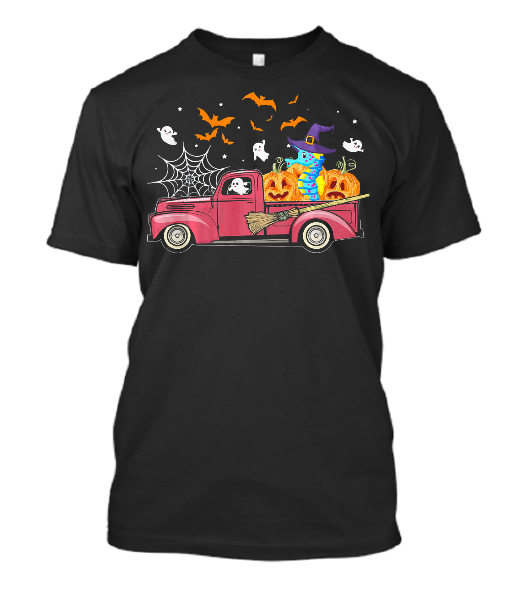 Seahorse In Witch Hat On Red Truck With Pumpkins And Ghosts Halloween Scene T-Shirt