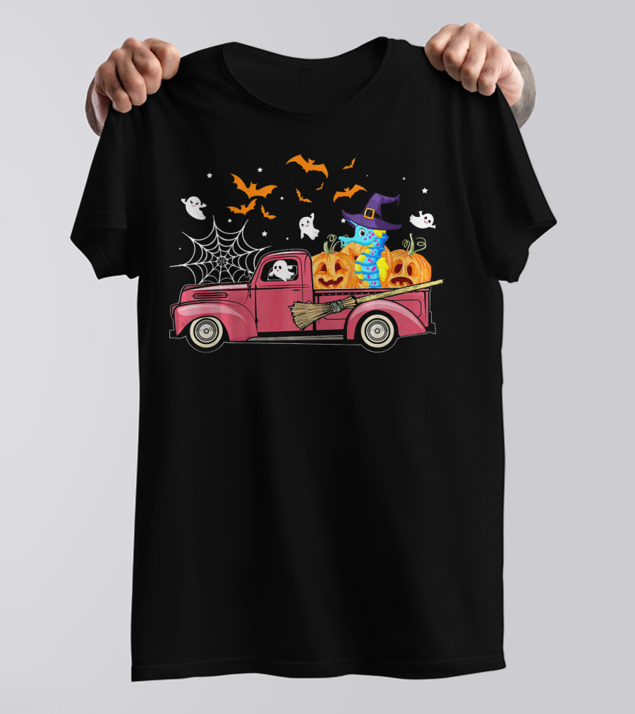 Seahorse In Witch Hat On Red Truck With Pumpkins And Ghosts Halloween Scene T-Shirt