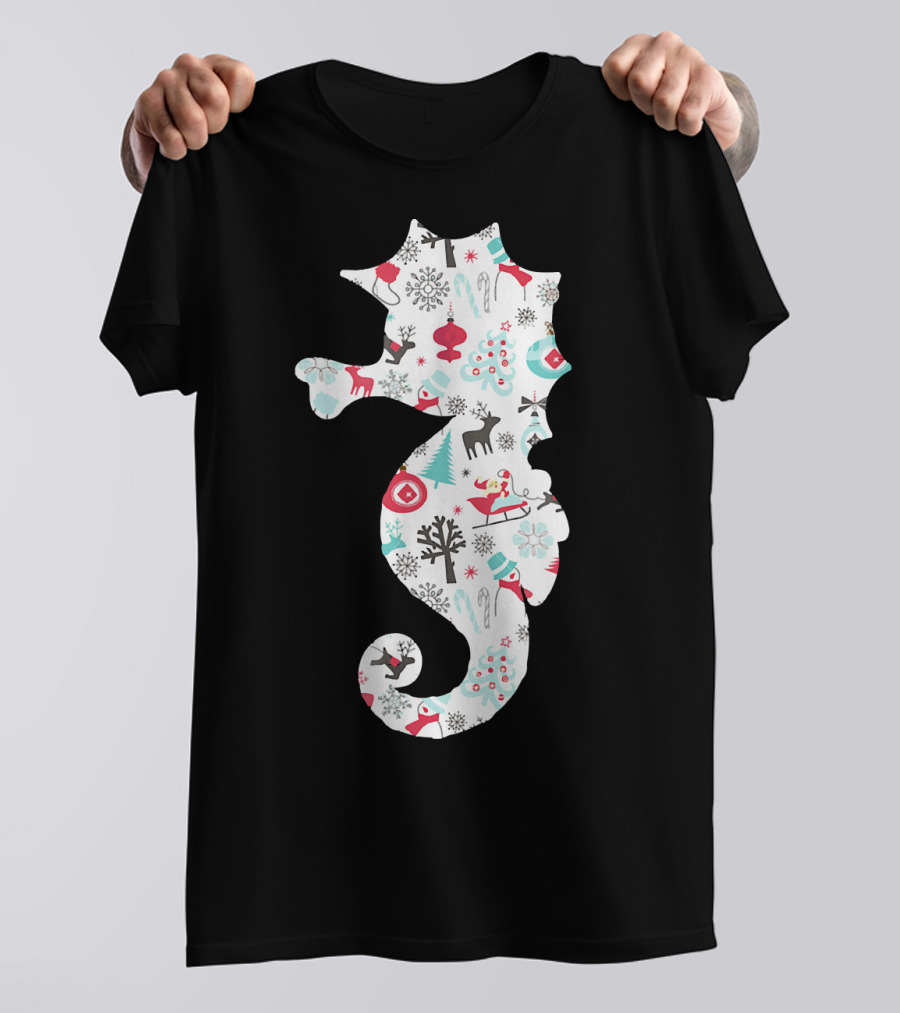 Seahorse Christmas Pattern With Reindeer, Snowflakes, And Skiing Santa T-Shirt