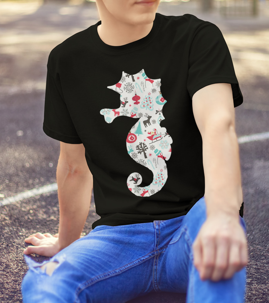 Seahorse Christmas Pattern With Reindeer, Snowflakes, And Skiing Santa T-Shirt