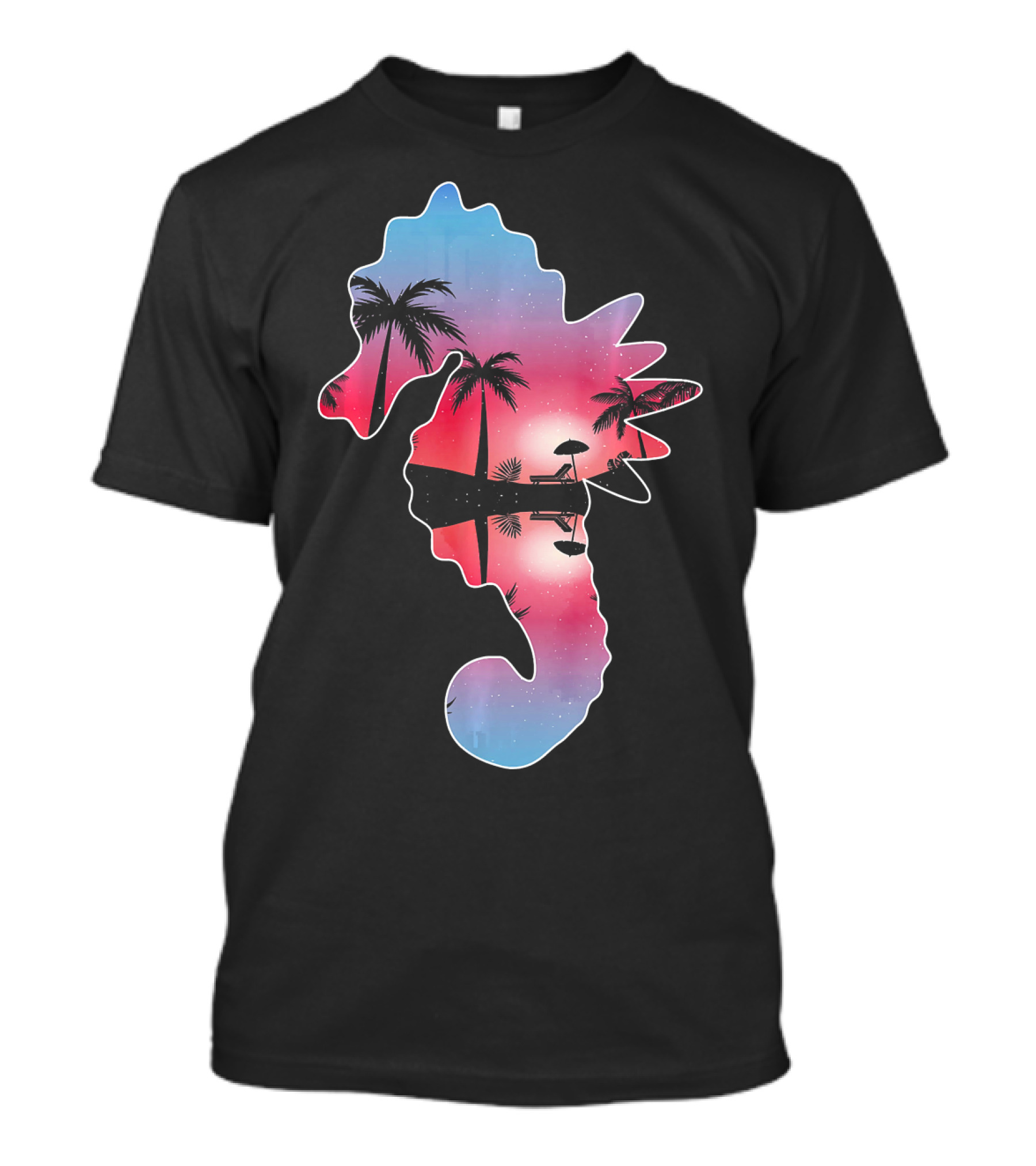 Seahorse Beautiful Sunset Beach Palm Tree Silhouette Scene T-Shirt