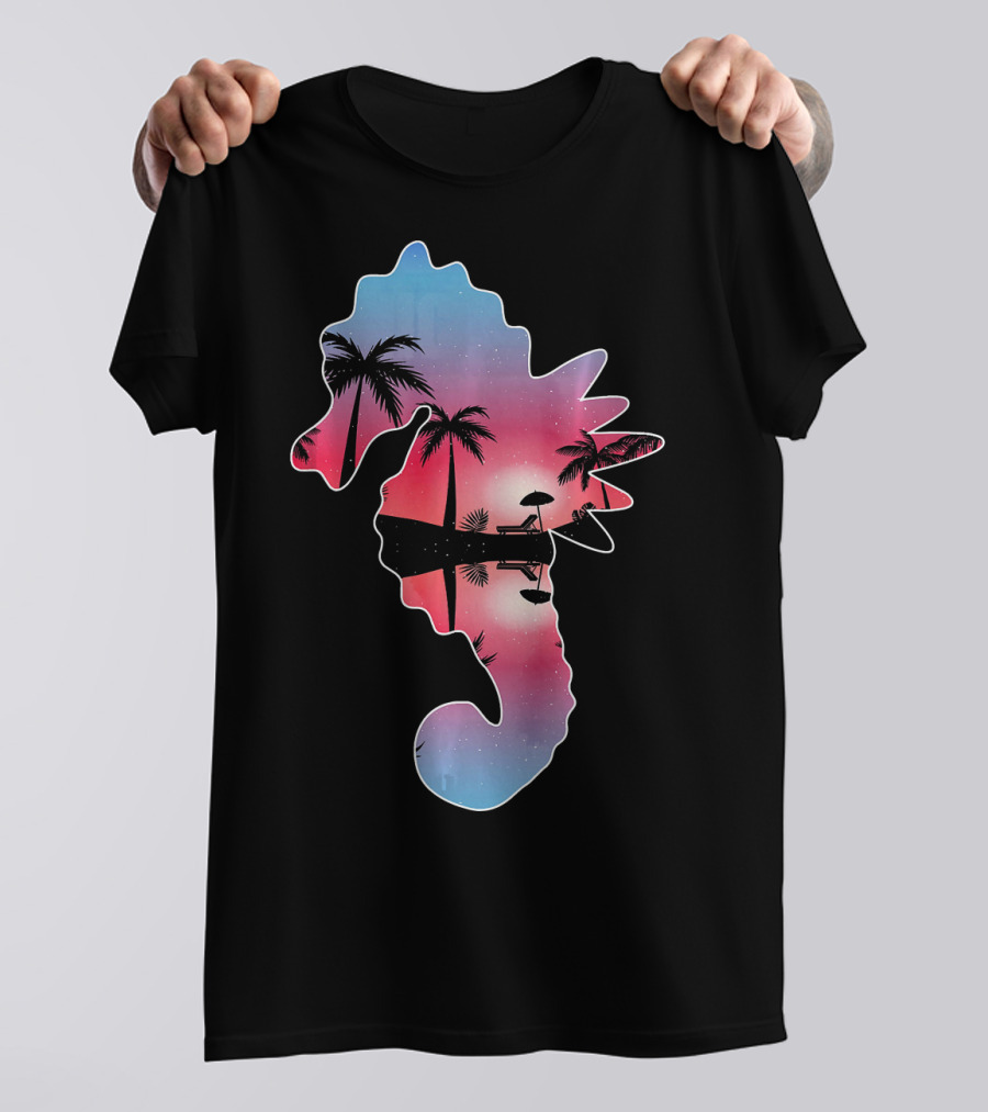 Seahorse Beautiful Sunset Beach Palm Tree Silhouette Scene T-Shirt