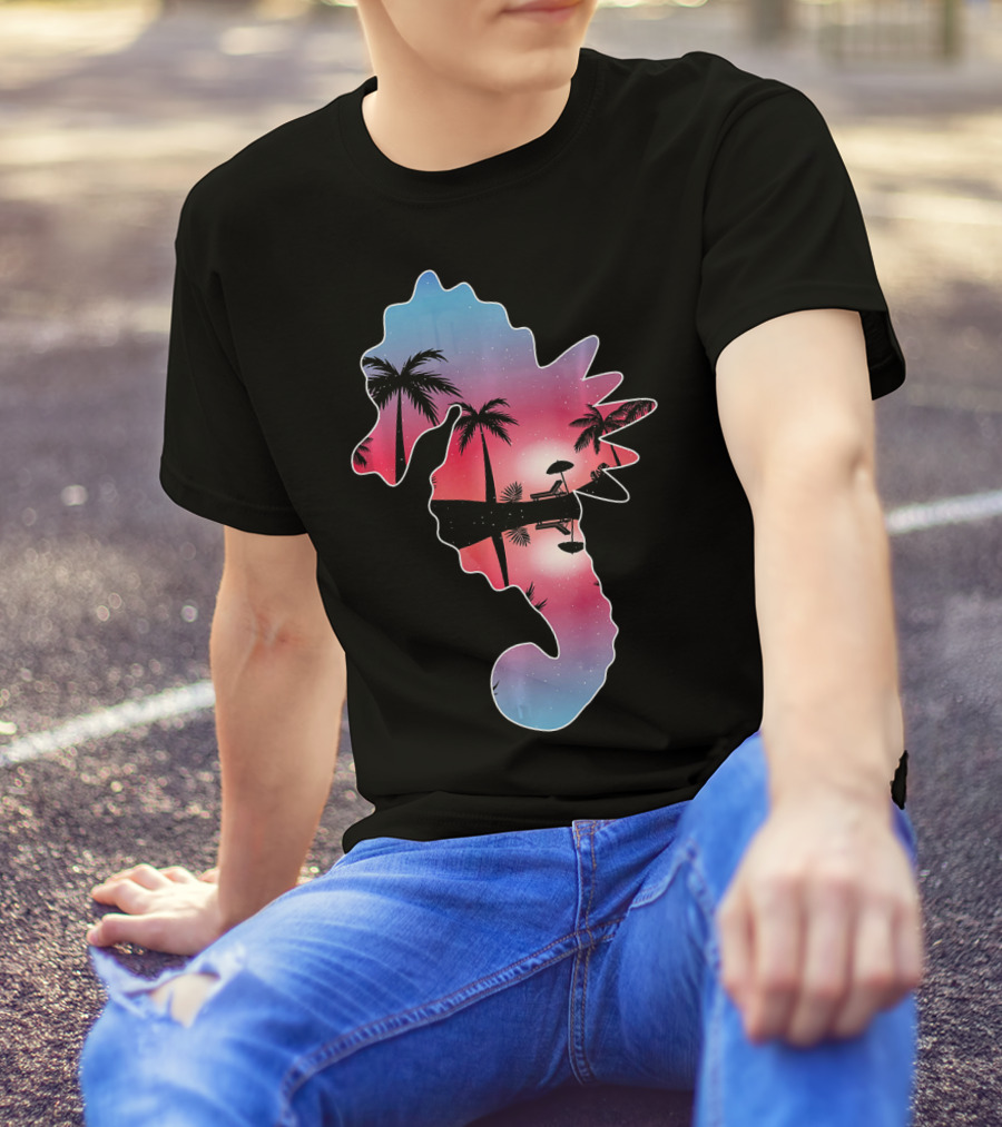 Seahorse Beautiful Sunset Beach Palm Tree Silhouette Scene T-Shirt