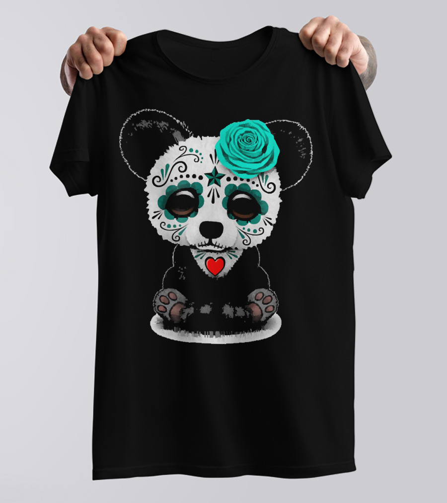 Sugar Skull Panda Day Of The Dead Floral Heart T-Shirt