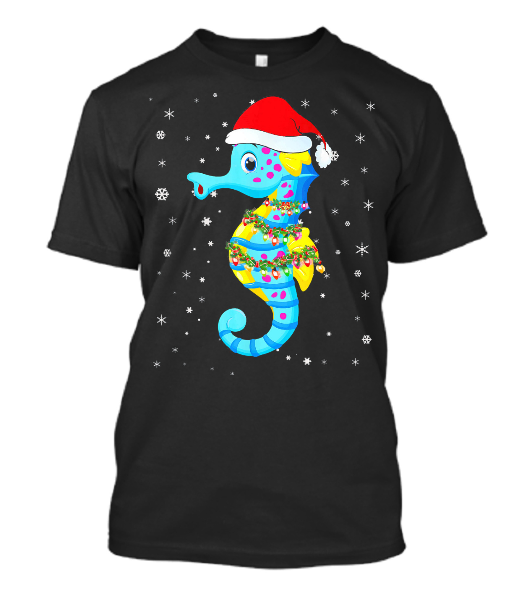 Santa Hat Seahorse With Christmas Lights And Snowflakes T-Shirt