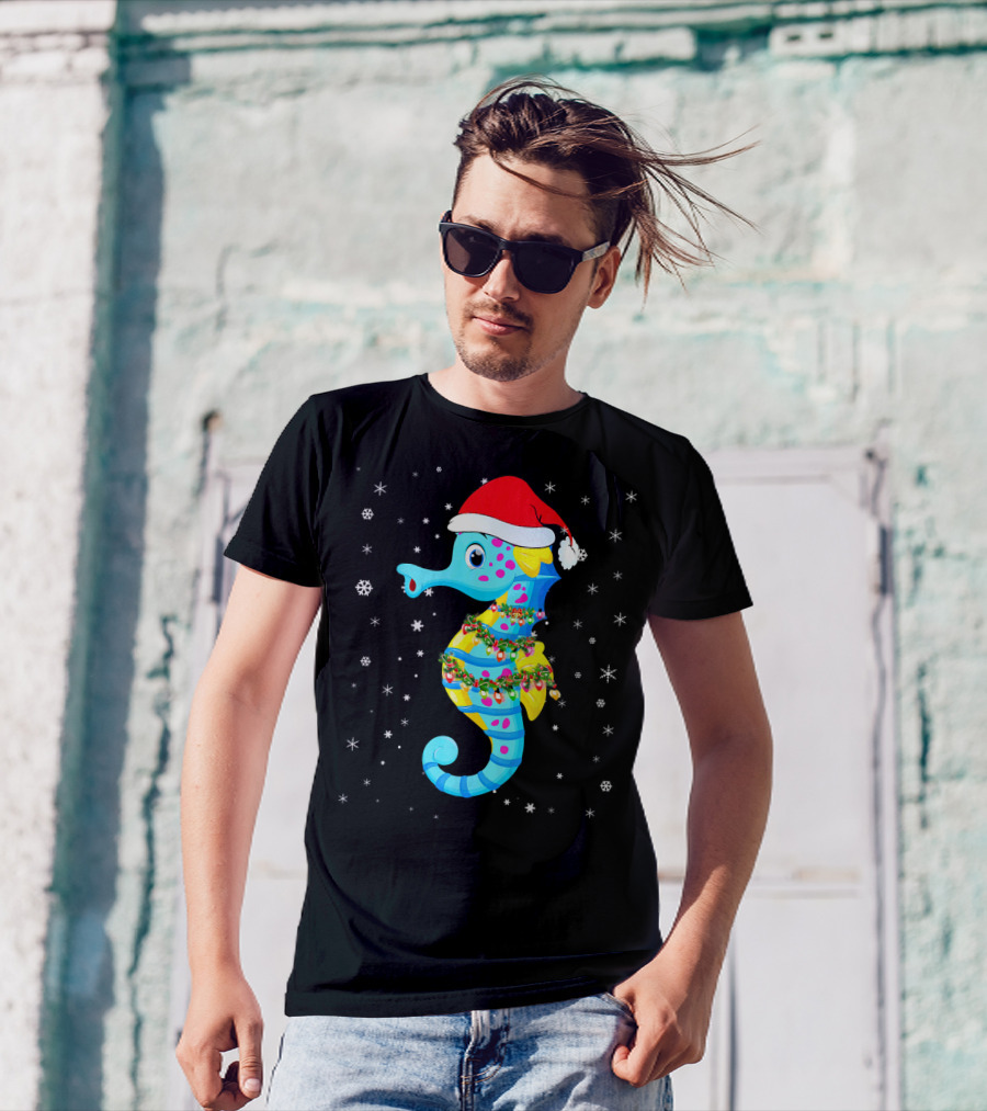 Santa Hat Seahorse With Christmas Lights And Snowflakes T-Shirt