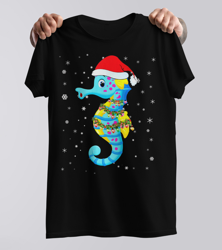 Santa Hat Seahorse With Christmas Lights And Snowflakes T-Shirt
