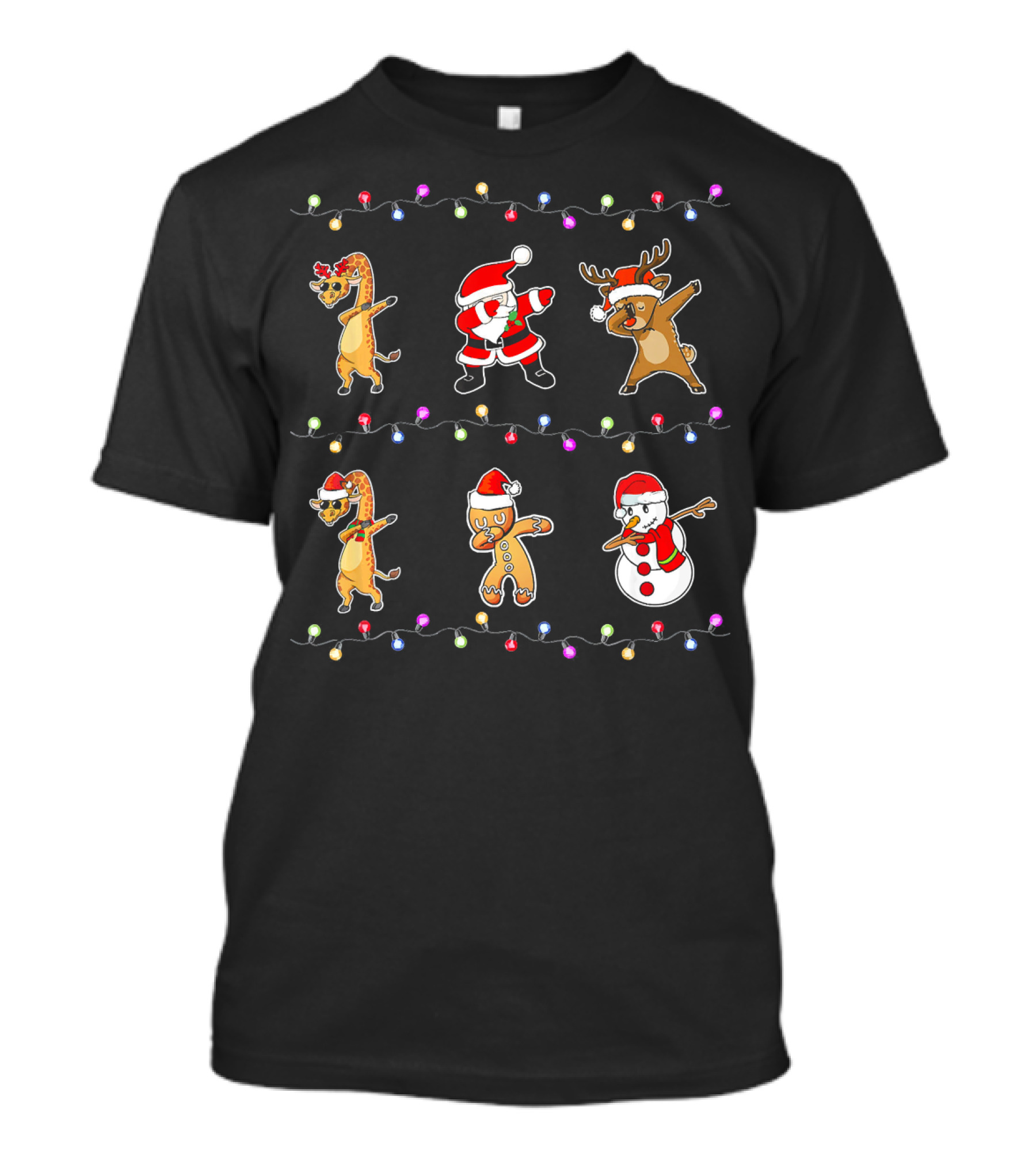 Tee89s Giraffe Reindeer Santa Gingerbread Snowman Dabbing Christmas Lights T-Shirt