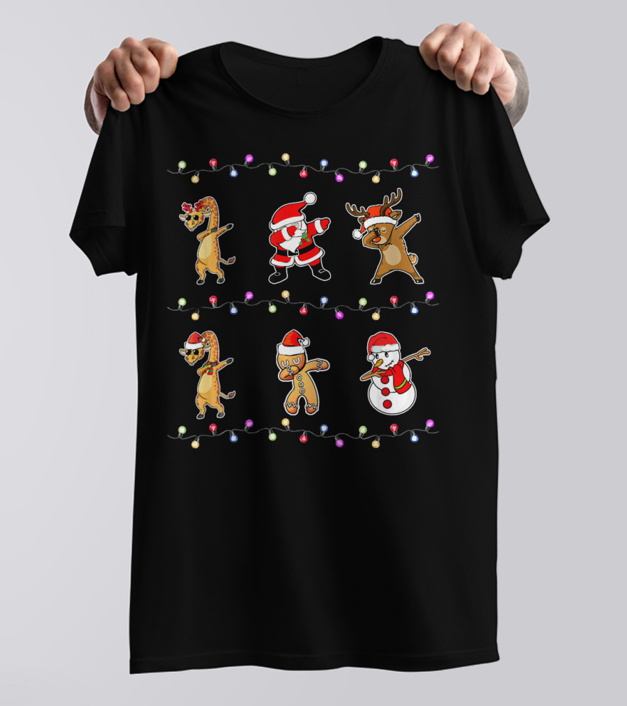 Tee89s Giraffe Reindeer Santa Gingerbread Snowman Dabbing Christmas Lights T-Shirt
