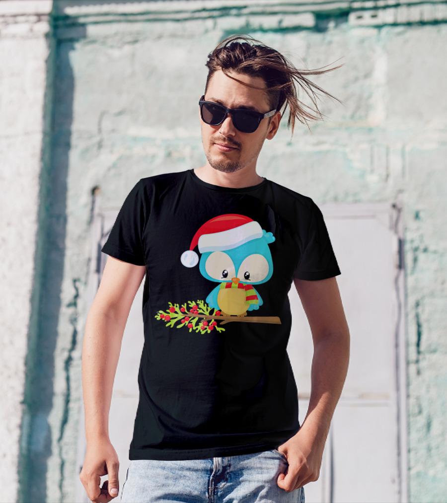 Woodland Animals Christmas Owl In Santa Hat On Branch T-Shirt