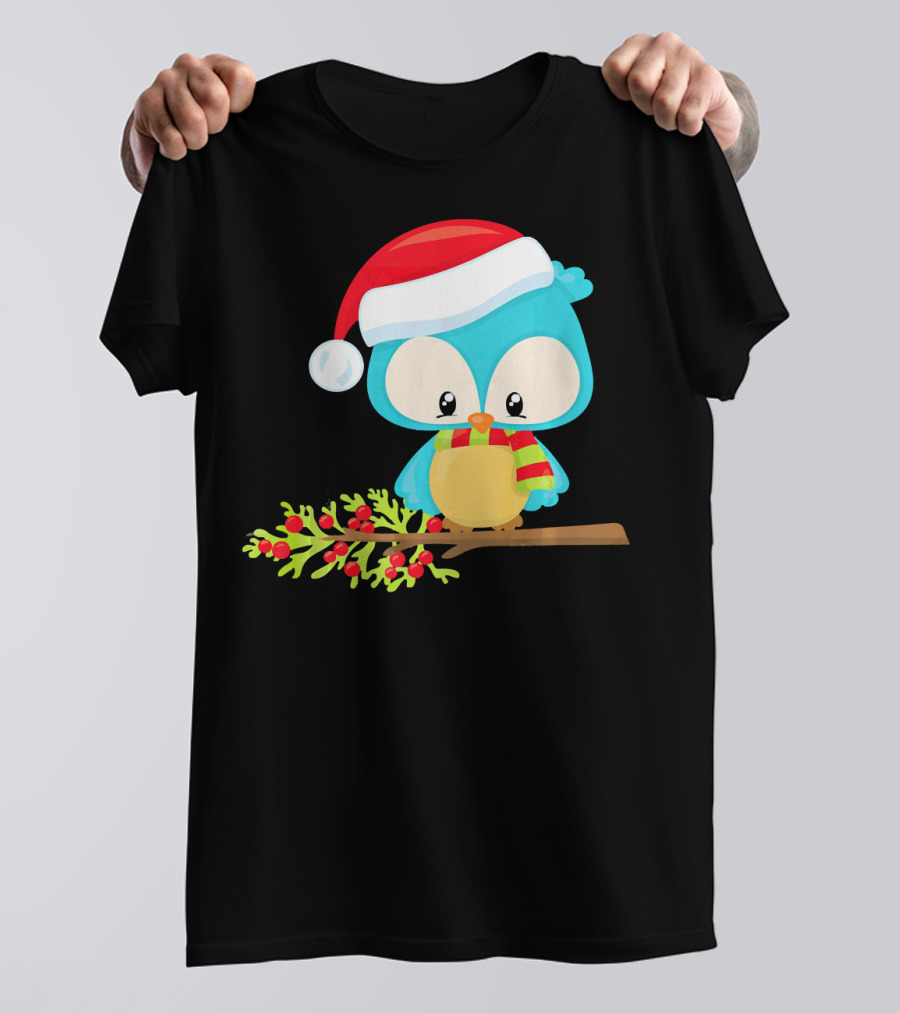 Woodland Animals Christmas Owl In Santa Hat On Branch T-Shirt
