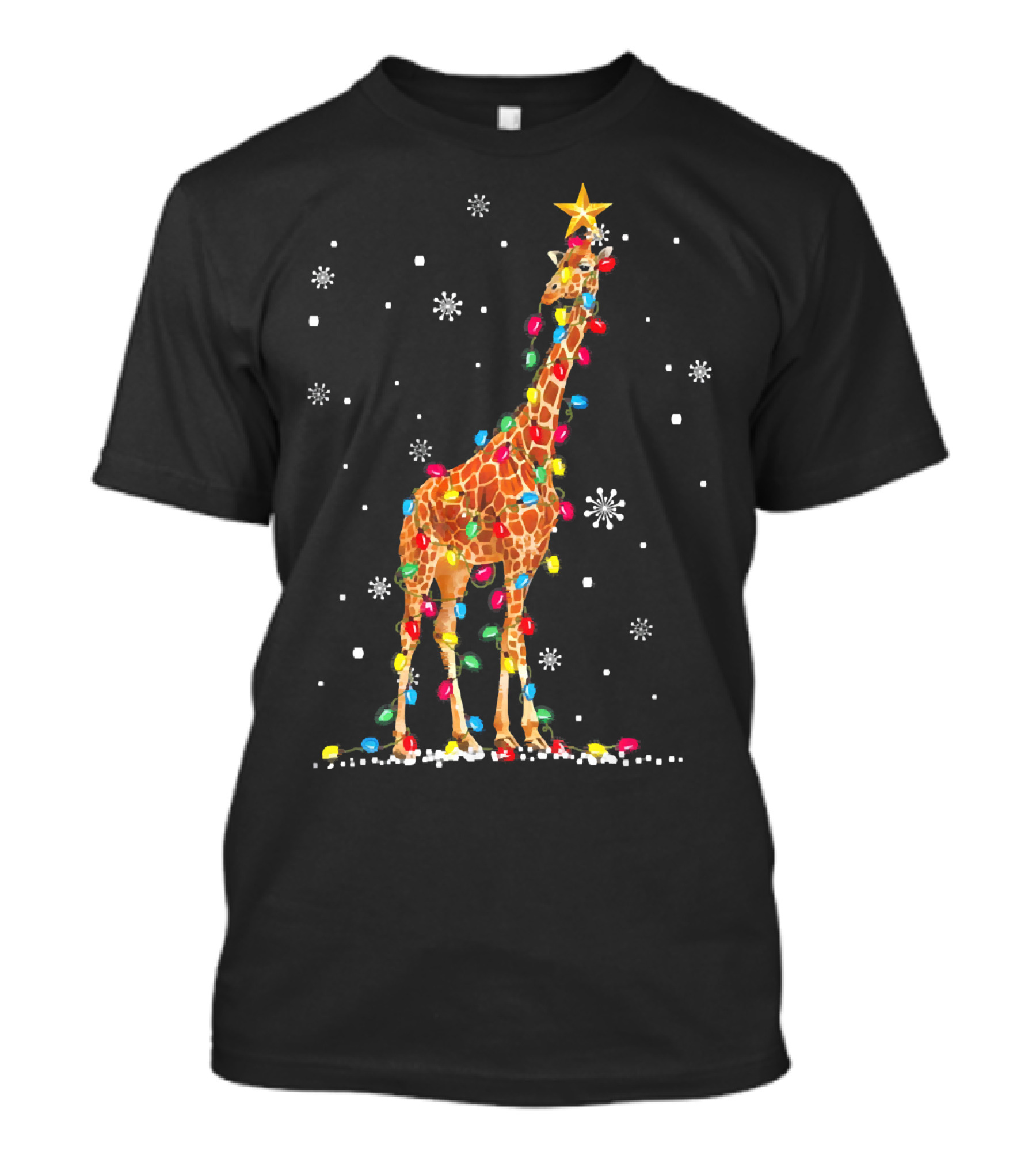 Ugly Christmas Giraffe Wrapped In Colorful Holiday Lights And Snowflakes T-Shirt