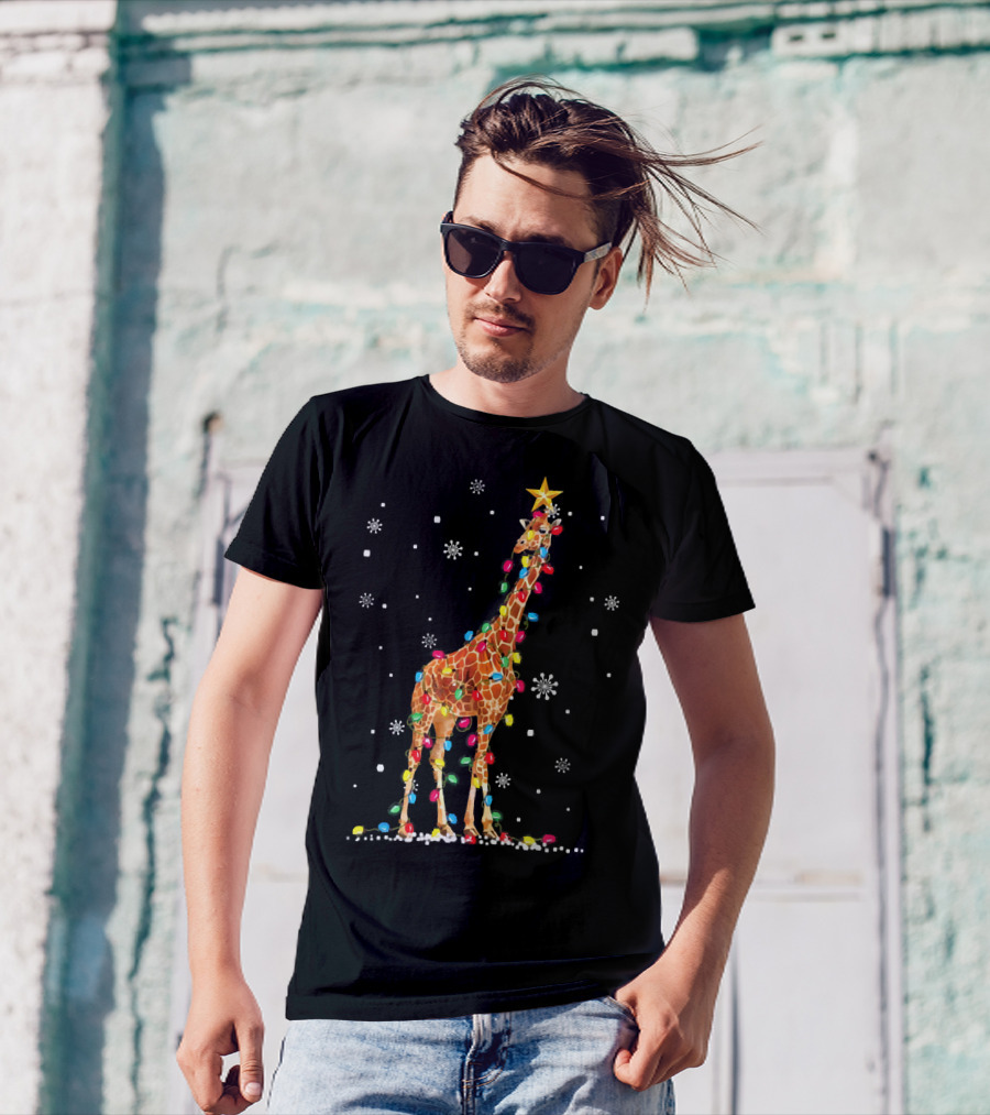 Ugly Christmas Giraffe Wrapped In Colorful Holiday Lights And Snowflakes T-Shirt