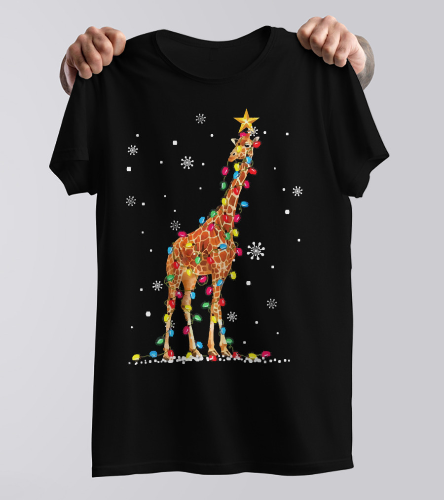 Ugly Christmas Giraffe Wrapped In Colorful Holiday Lights And Snowflakes T-Shirt