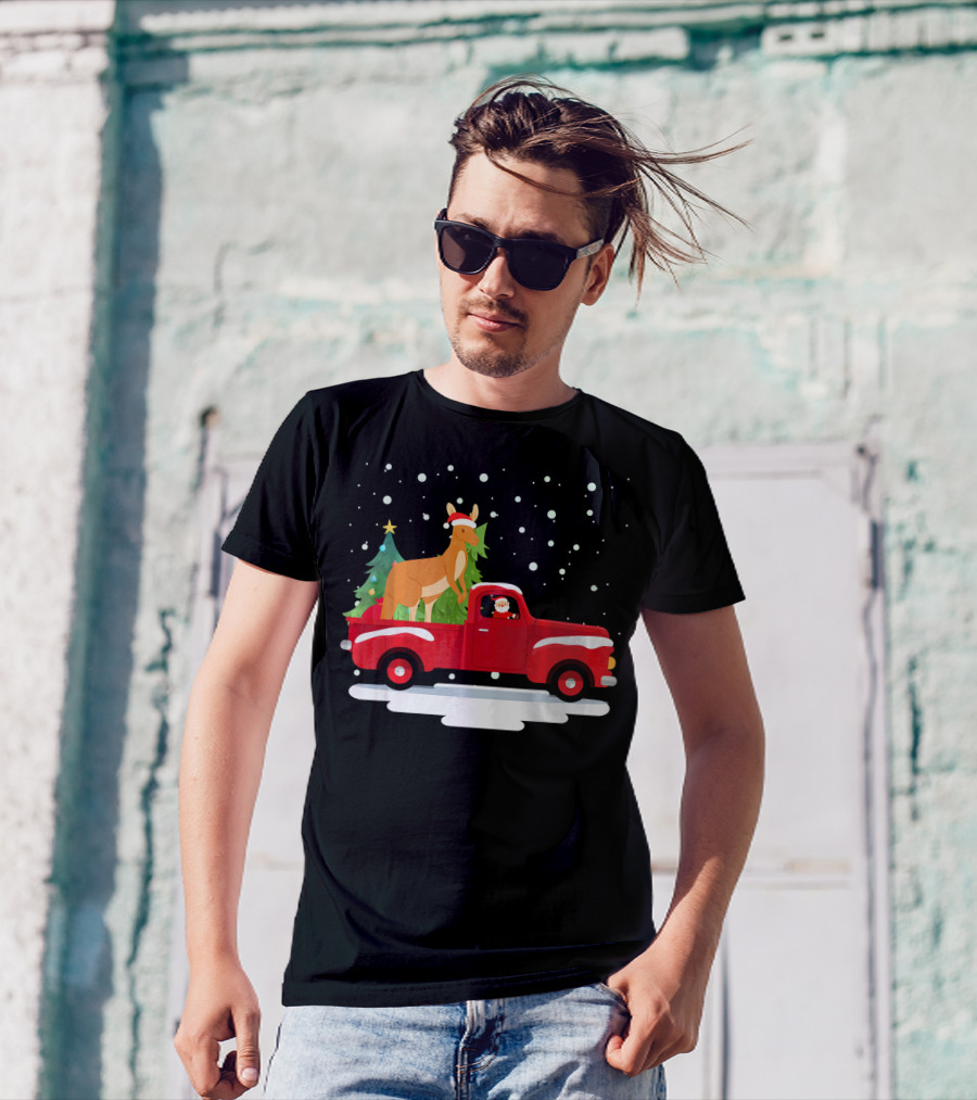 Santa Claus And Kangaroo In Red Truck With Christmas Tree T-Shirt
