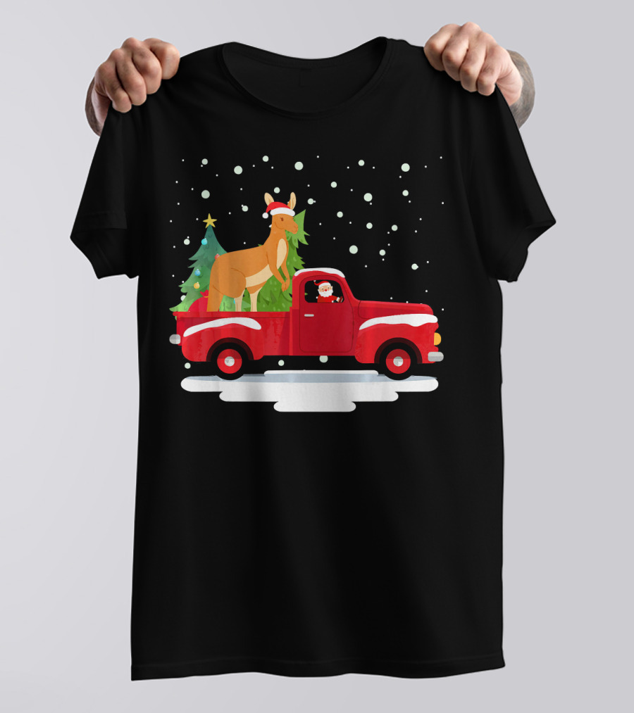 Santa Claus And Kangaroo In Red Truck With Christmas Tree T-Shirt
