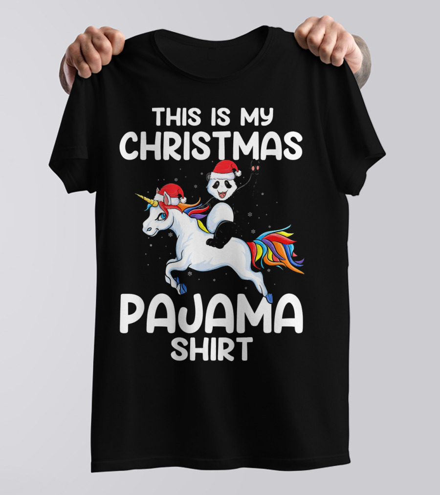 This Is My Christmas Pajama Shirt Unicorn Riding Panda Santa T-Shirt