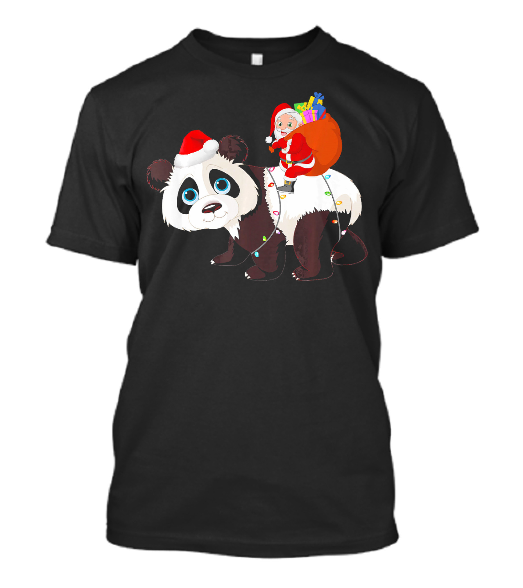 Santa Claus On Festive Panda With Christmas Lights And Gift Sack T-Shirt