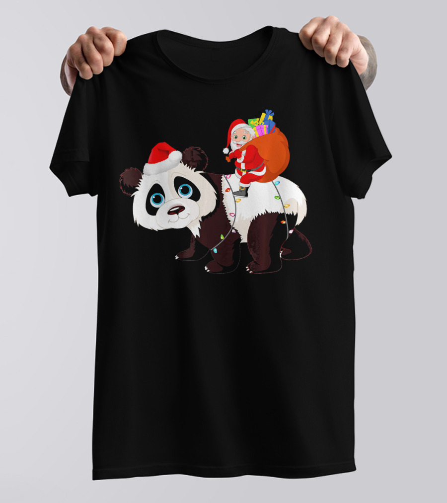 Santa Claus On Festive Panda With Christmas Lights And Gift Sack T-Shirt